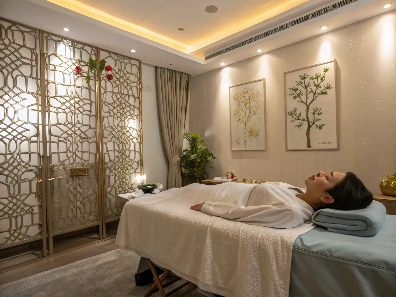 A serene acupuncture treatment room with calming decor and a practitioner preparing for a session, ready to administer acupuncture therapy.