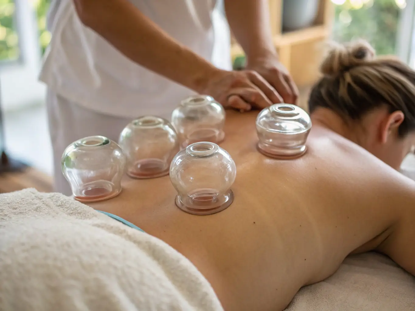 An image of a client receiving cupping therapy with glass cups placed on their back, illustrating the process of cupping therapy.