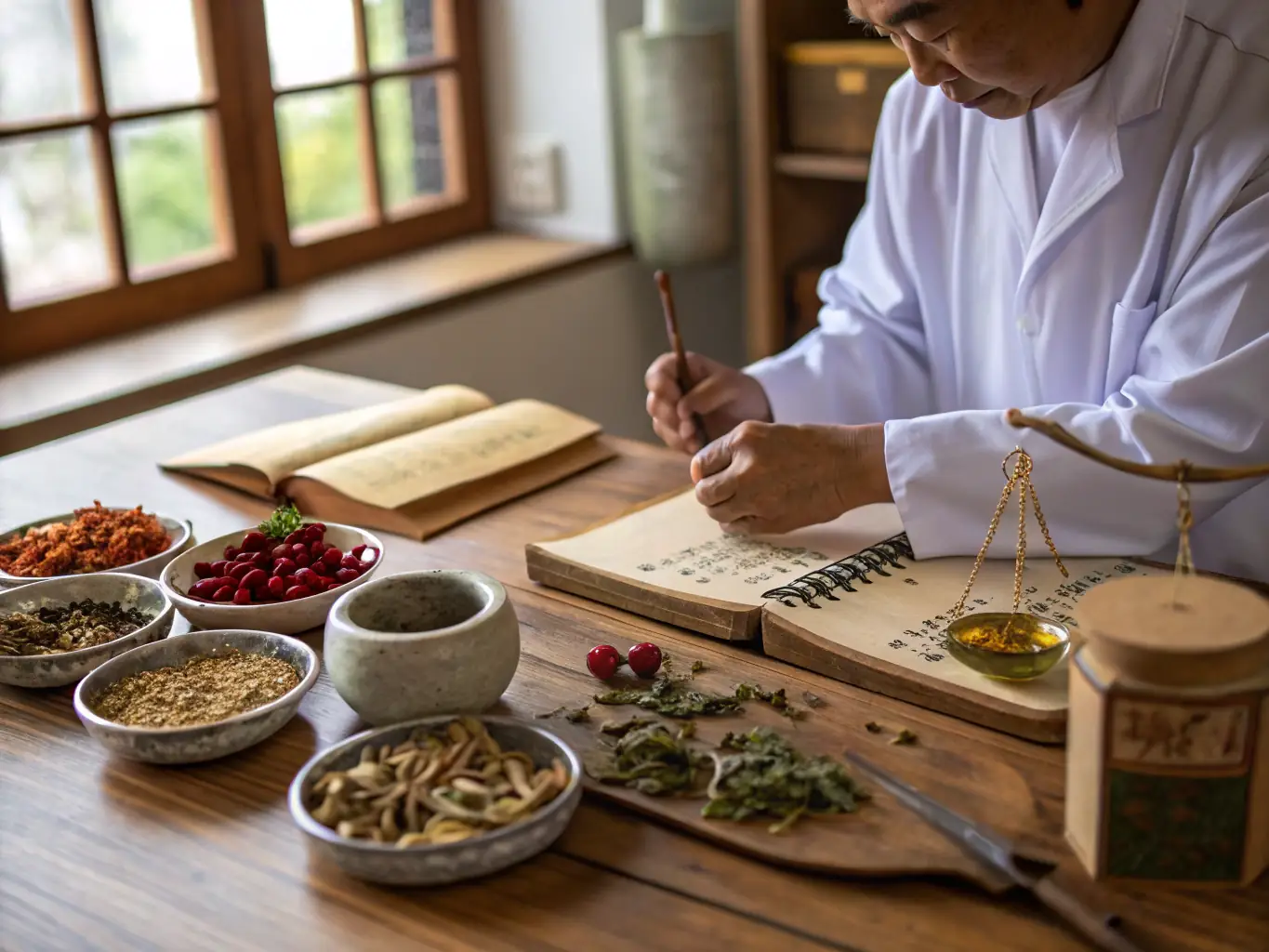 A practitioner preparing a customized herbal medicine blend, various dried herbs and ingredients on the table, traditional Chinese medicine setting, promoting natural healing and wellness.