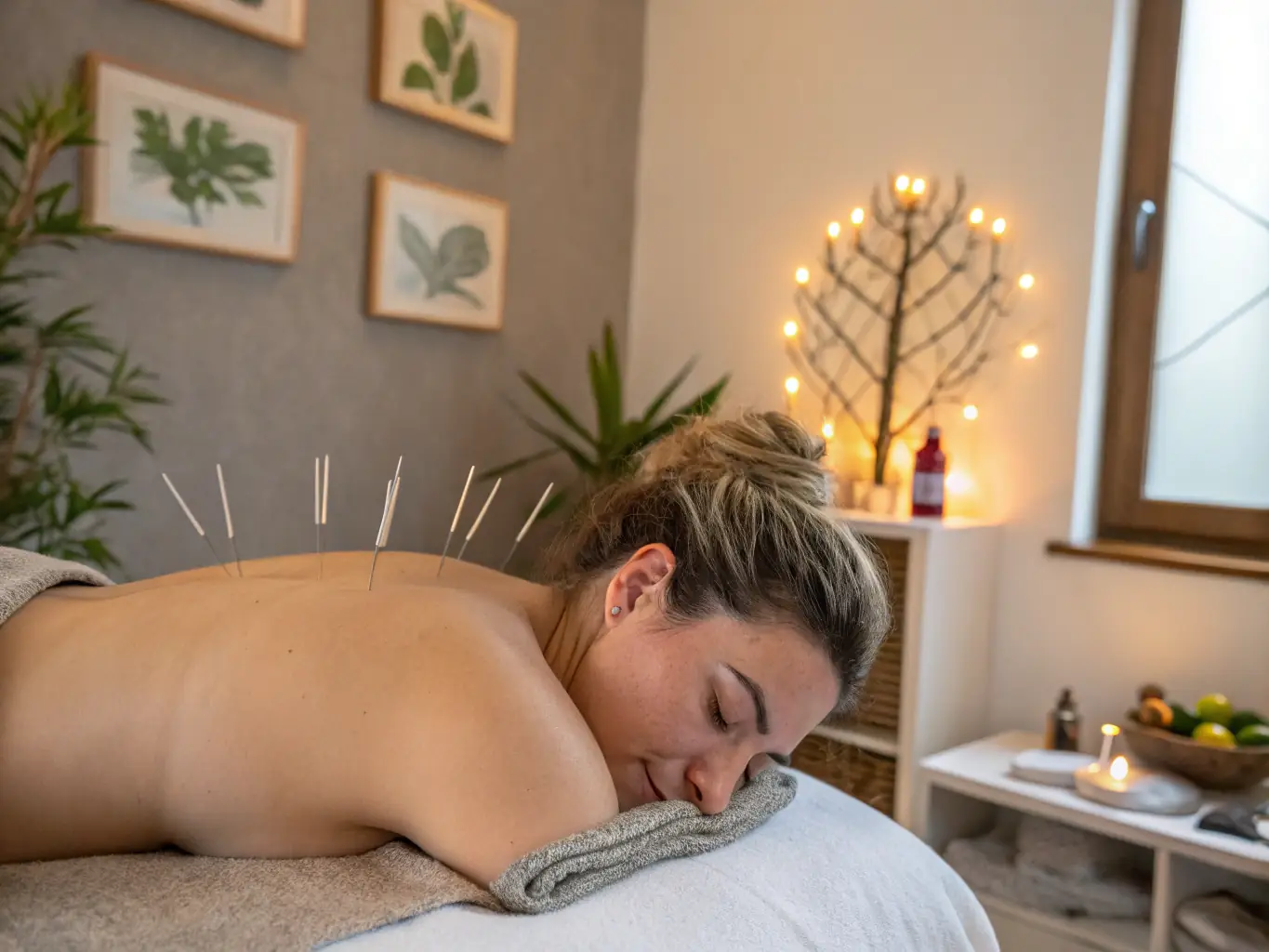 Acupuncture session in a serene treatment room, needles gently placed on the patient's back, soft lighting, calming atmosphere, promoting relaxation and pain relief.