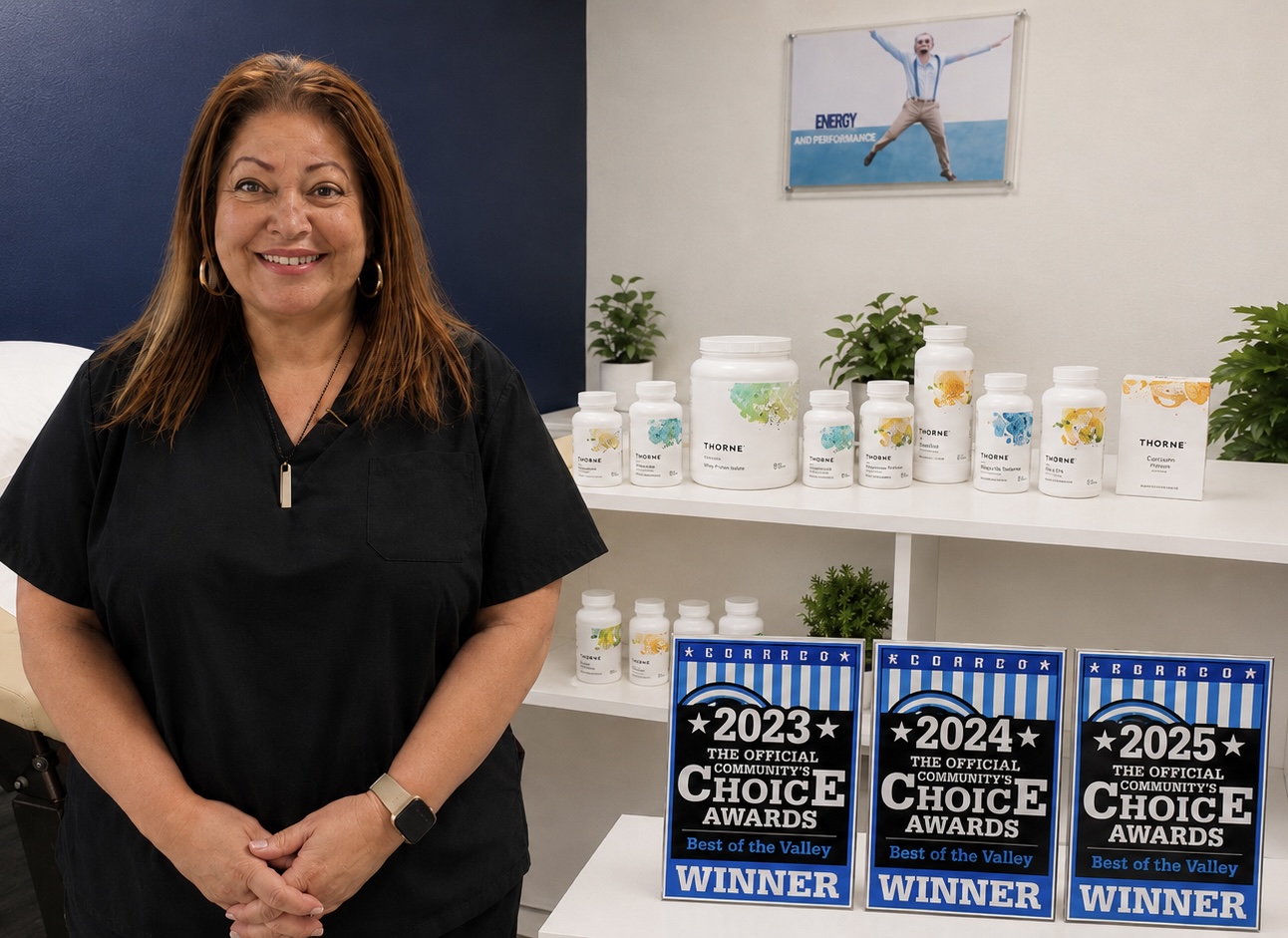 Dr. Pamela Kososki with Thorne practitioner-grade supplements at Appleton Acupuncture and Wellness