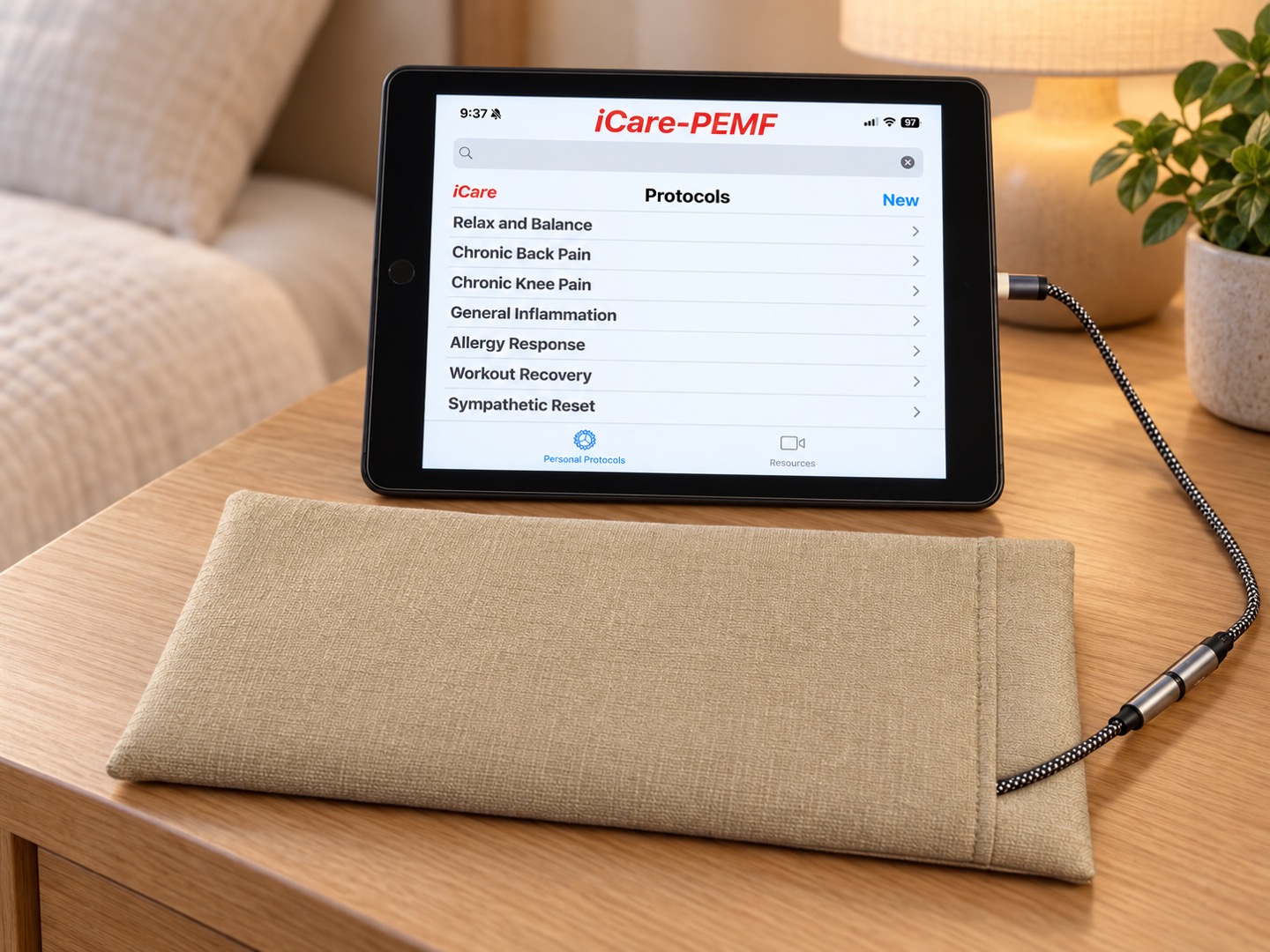 iCare pad connected to a tablet displaying example programs on a bedside table