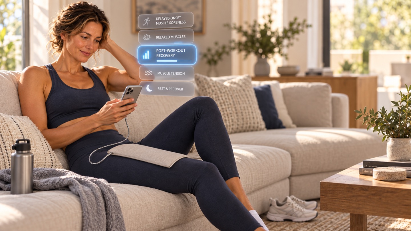 Illustration of a woman relaxing on a couch with an iCare pad after a workout