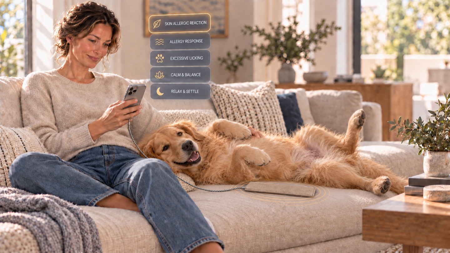 Illustration of a woman and golden retriever on a couch with an iCare pad beside the dog