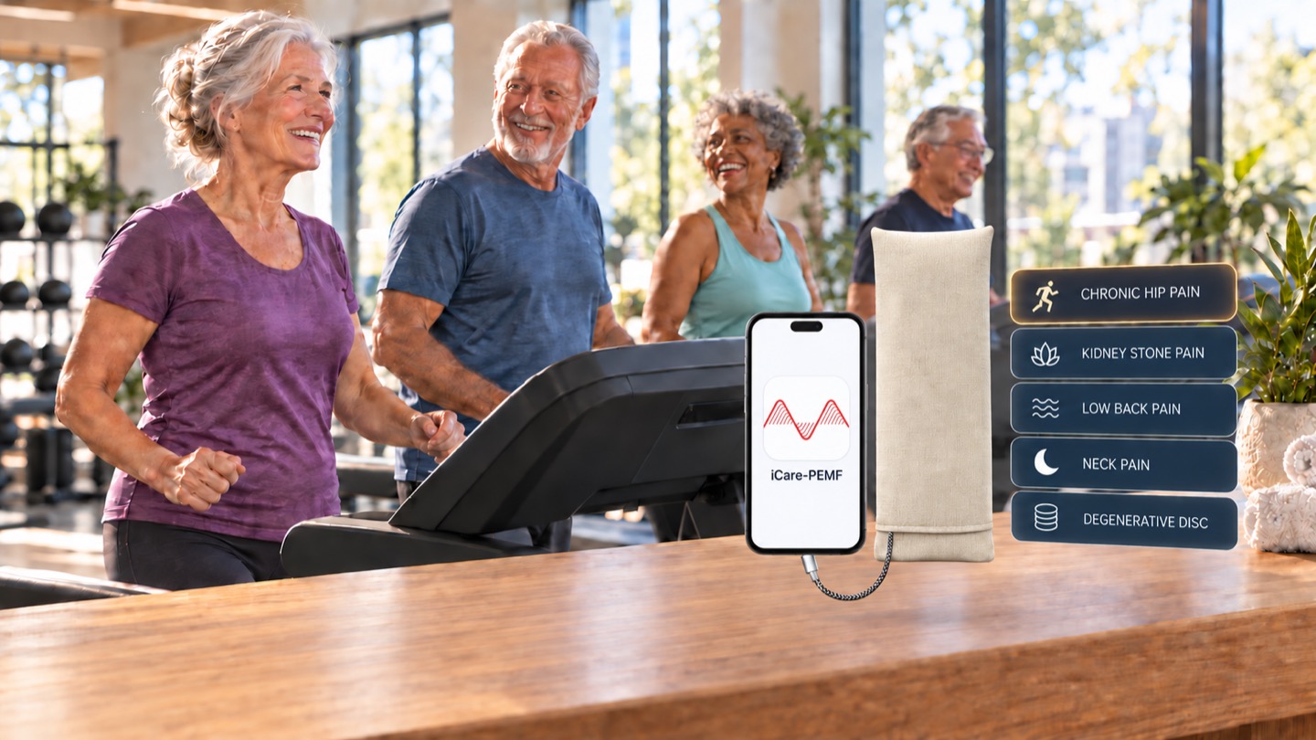 Illustration of older adults exercising beside an iCare product and example program names